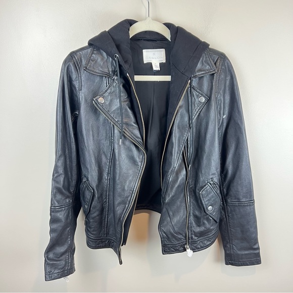 New Caslon Leather Moto Jacket with Removable Hood, Size XS - Picture 2 of 9
